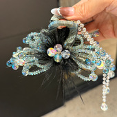 韩版 蓝色晶石羽毛大号抓夹水晶流苏鲨鱼夹发卡高级感发饰