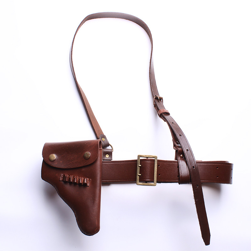 影视演出道具真牛皮双针扣宽腰带军官武装带斜挎肩背带勃朗宁枪套
