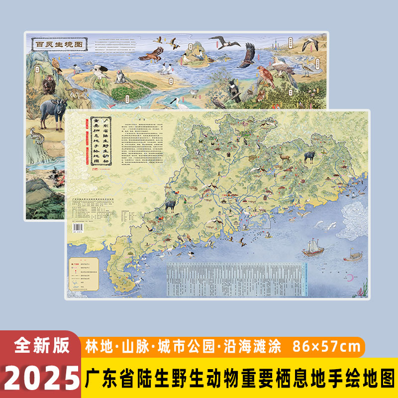 2025年广东省陆生野生动物重要栖息地手绘地图 尺寸约86.5×57厘米 探险家亲子教育礼品艺术装饰家居书房挂画广东省地图出版社图片