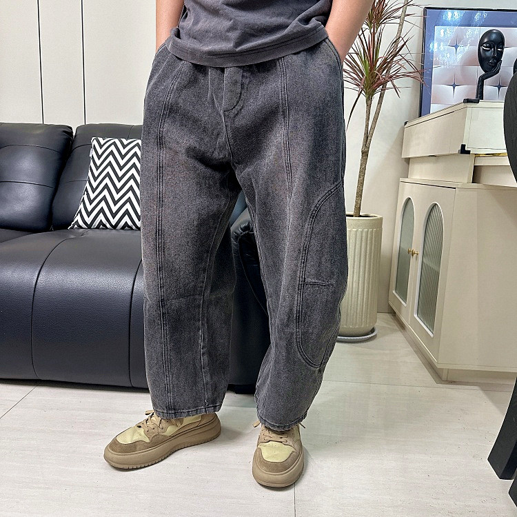 秋冬男士宽松版牛仔裤黑色洗旧松紧大码阔腿牛仔长裤哈伦裤