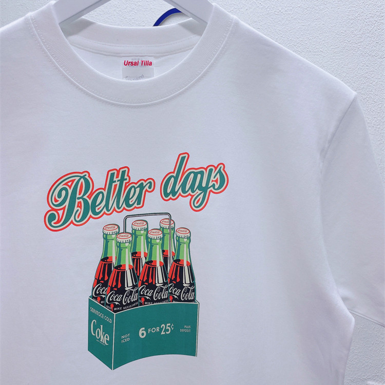 西元町可乐印花短袖男白色圆领长绒棉可乐瓶印花T恤打底衫半袖