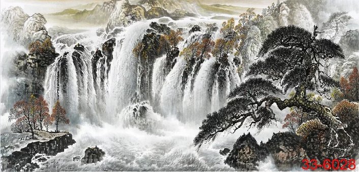 国画山水画风水画古松瀑布字画客厅办公室茶楼中式装饰画b-6028