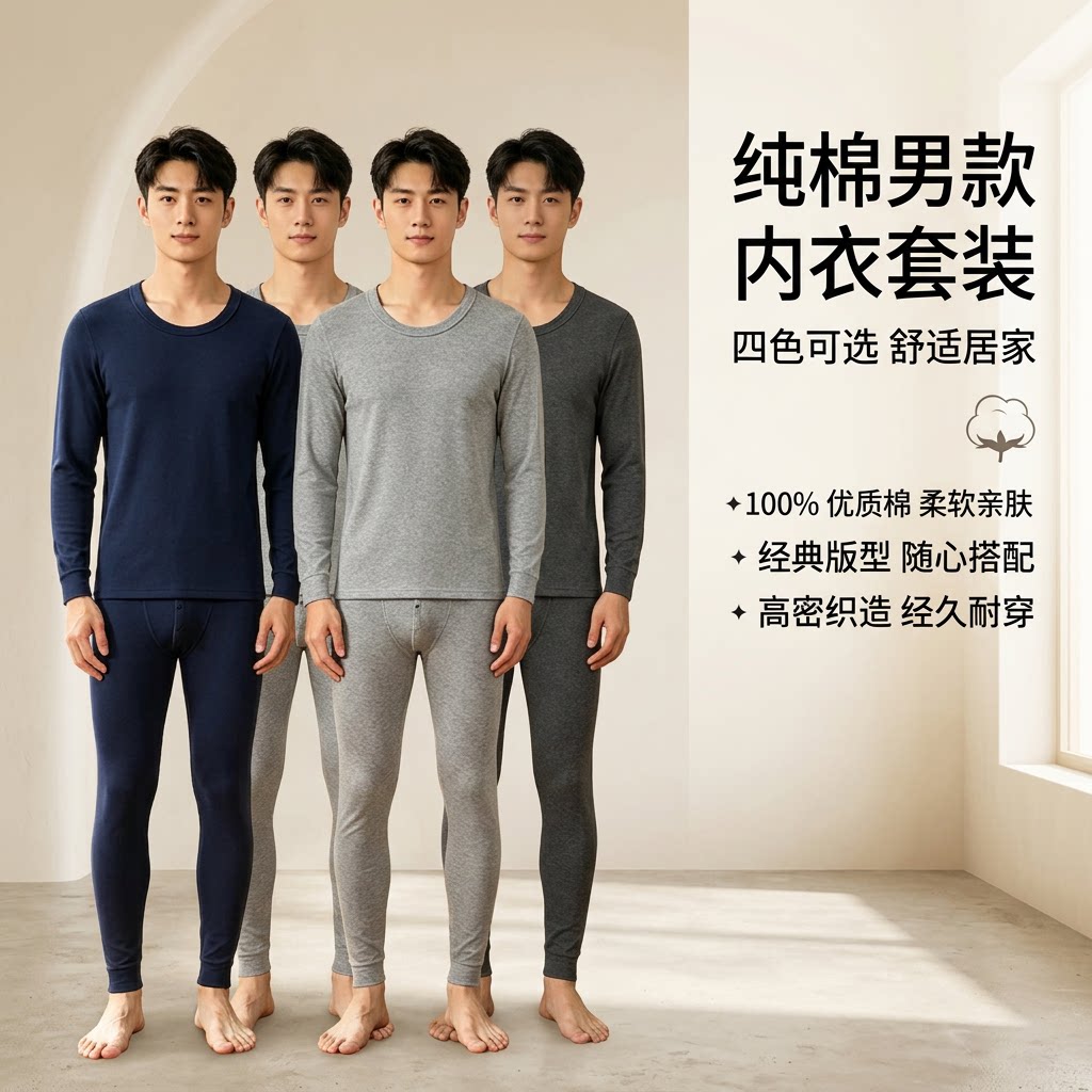 全棉男士圆领秋衣秋裤套装