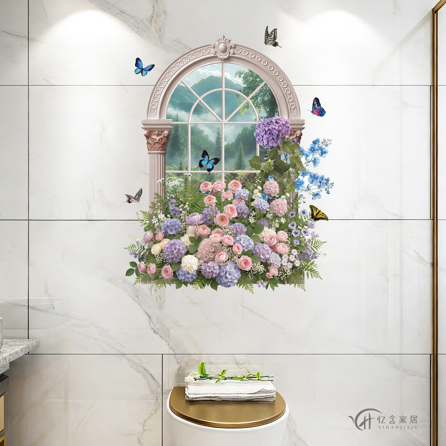 浴室3D假窗花瓶墙贴防水补洞瓷砖装饰贴画玄关墙面装饰贴纸可移除