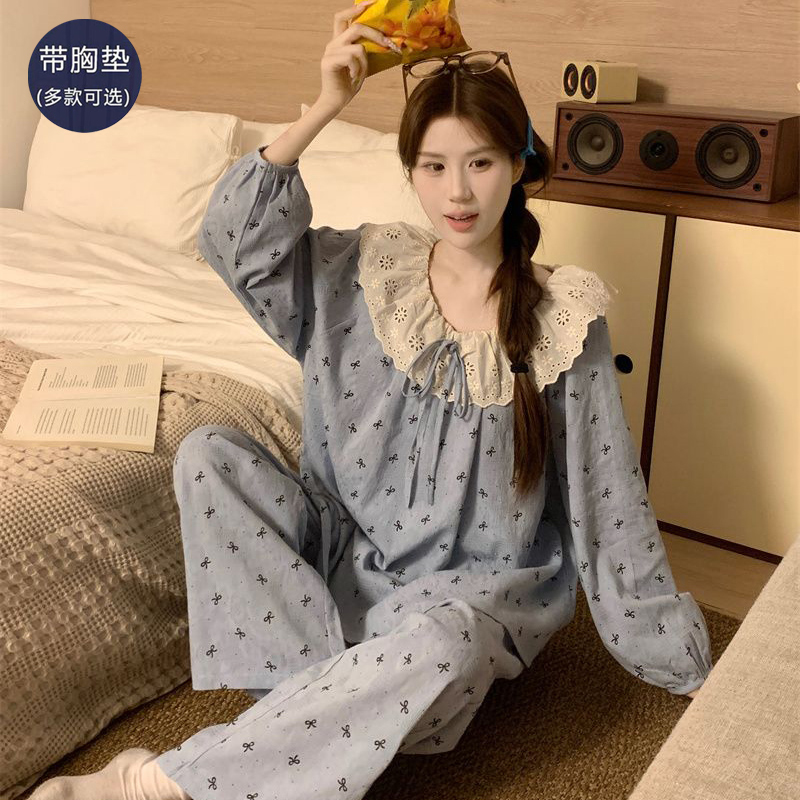 带胸垫睡衣女士春秋款纯棉长袖薄款可外穿秋冬季大码家居服套装女