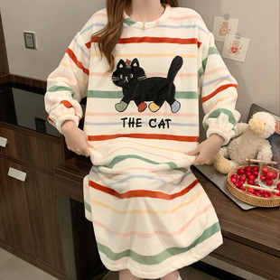 睡裙女款带胸垫睡衣2025新款秋冬季大码长款加绒加厚珊瑚绒家居服