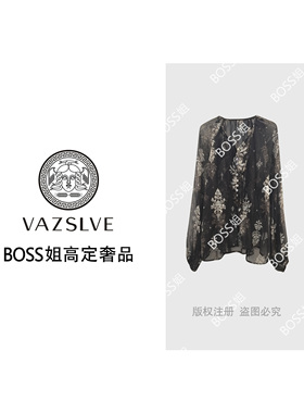 VAZSLVE/原创设计黑色印花灯笼袖衬衫宽松版型慵懒时髦3378