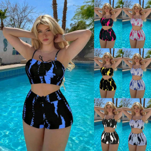 跨境泳衣爆款泳装欧美亚马逊高腰抽绳分体平角裤保守比基尼泳衣女