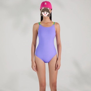 2025新款 双层多色肩带连体紧身竞技泳衣女专业运动训练中叉遮肚显