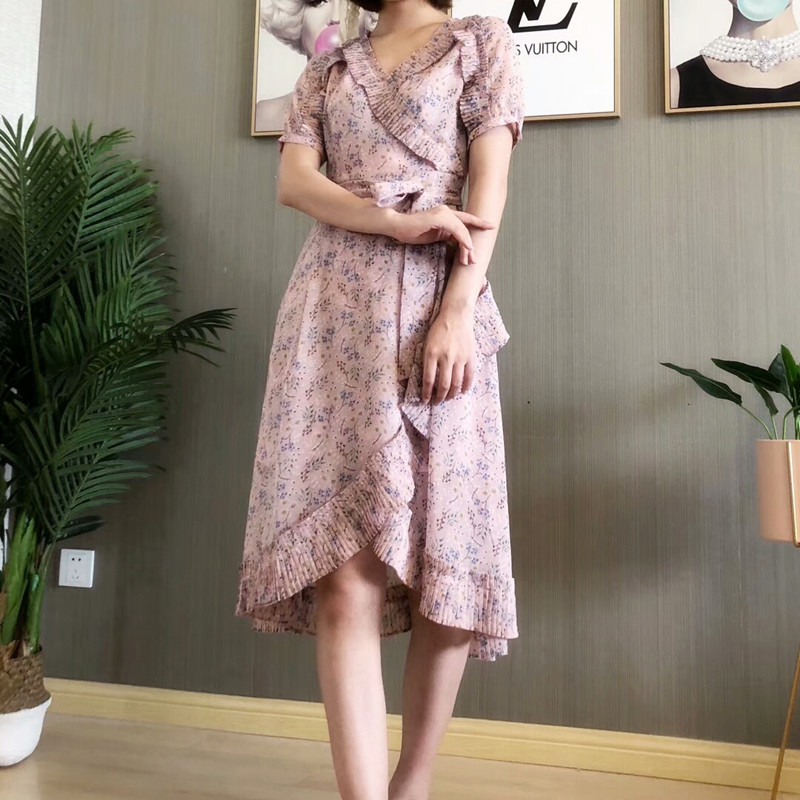 艾系列女装新品雪纺连衣裙品牌折扣淑女V领气质显瘦中长款裙子潮