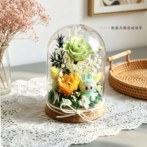 旱雪莲云南玫瑰永生花成品粉色紫色工艺装饰品摆件高质量带玻璃罩