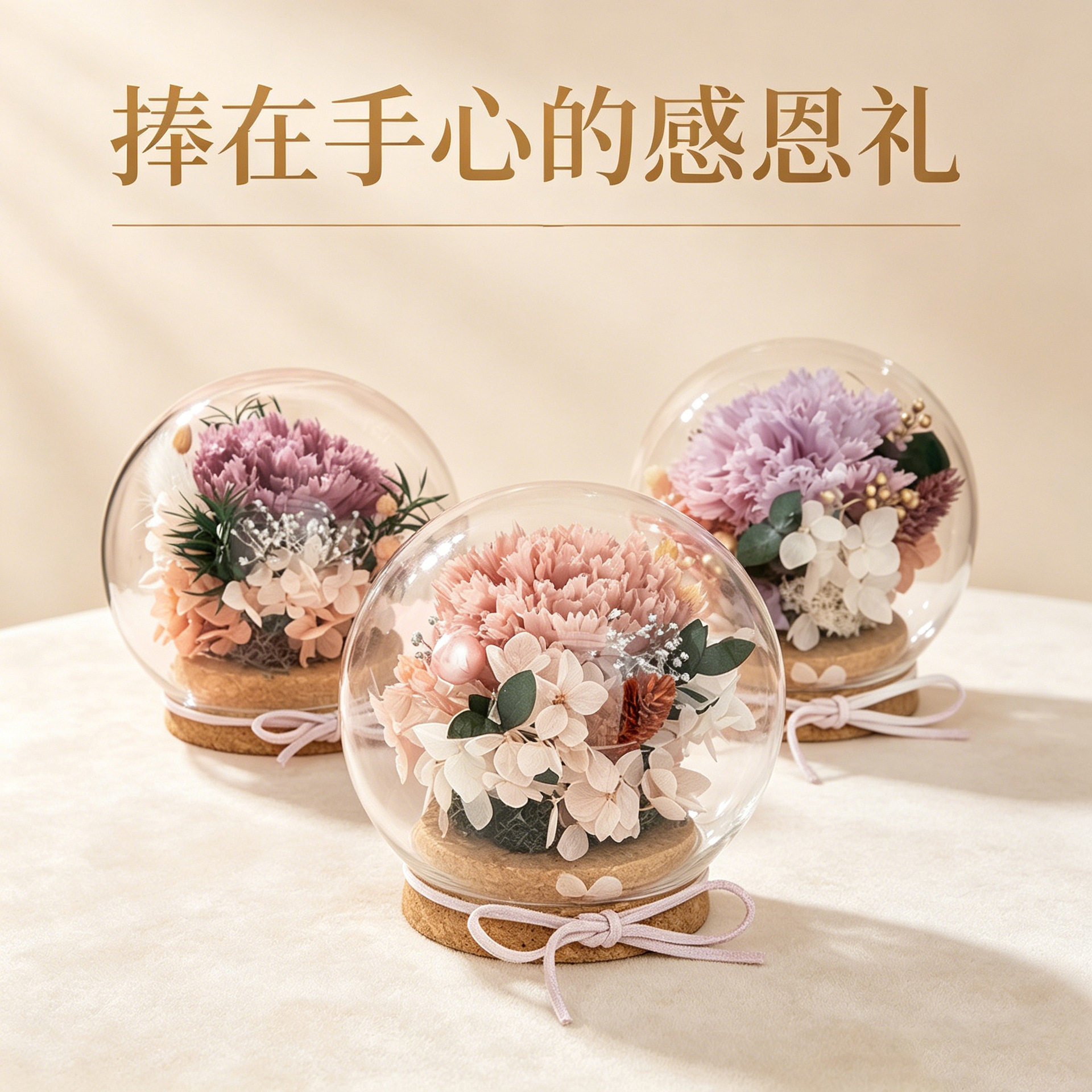 康乃馨虞美人母亲节圆形玻璃罩干花天然风干真花永生花高级感摆件图片