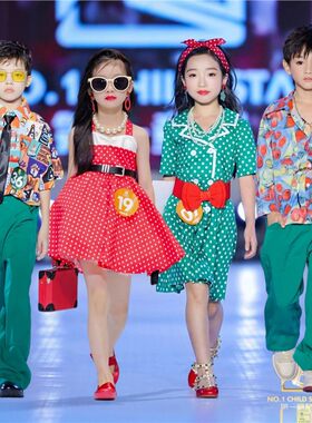 儿童花幼儿园港风衬衫舞蹈8090复古演出服年代怀旧表演服装连衣裙
