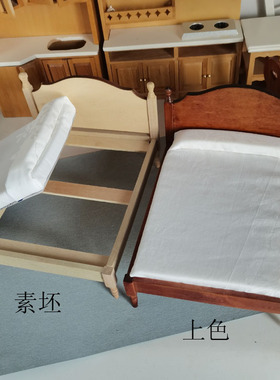 1:12娃娃屋dollhouse迷你木制小家具模型过家家玩具双人床D458