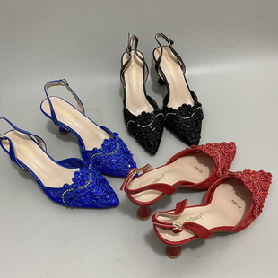 性感尖头高跟鞋 外贸原单水钻包头细跟后空大码 新款 女2025夏季 凉鞋