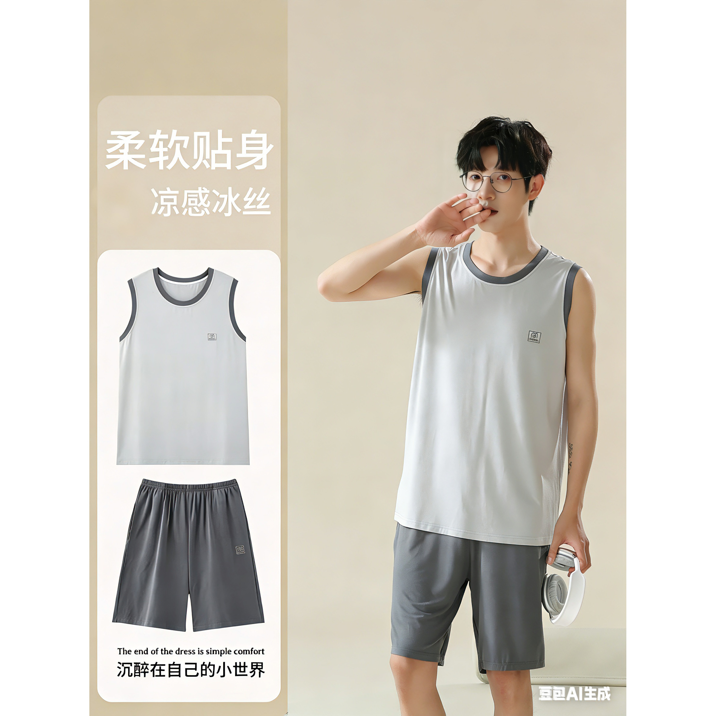 夏天莫代尔男士睡衣男款加大码冰丝宽松简约薄款无袖背心短裤套装