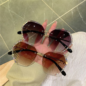 时尚 水钻无框切边女太阳眼镜大脸显瘦遮阳防紫外线墨镜2025年新款