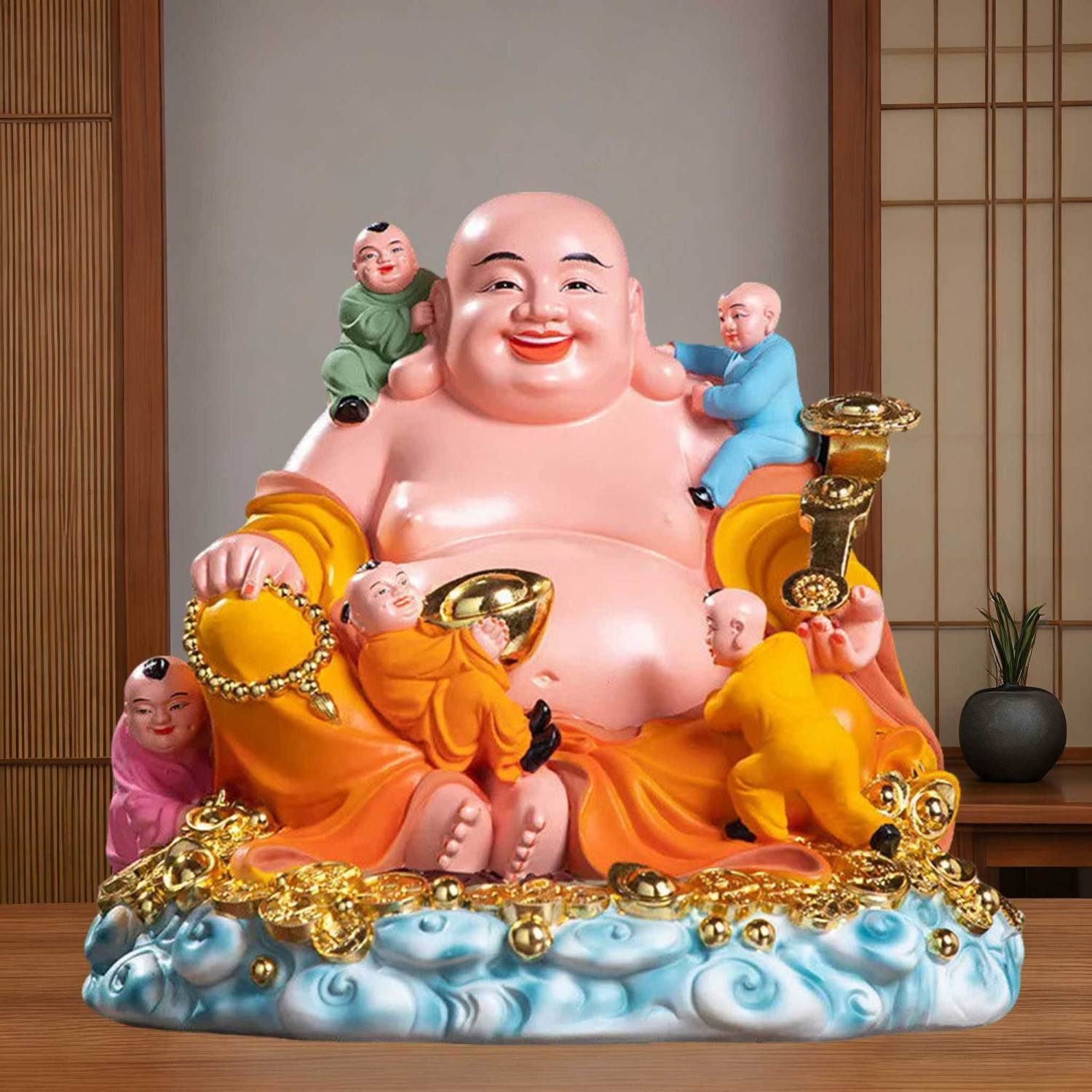 弥勒佛大肚笑佛佛像家供奉开心弥勒佛菩萨客厅摆件五子登科弥勒佛