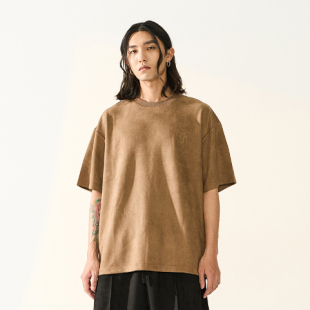FEAROM美式复古宽松oversize短袖T恤男夏季潮牌麂皮绒情侣上衣