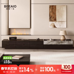 现代意式轻奢天然奢石实木储物黑色电视柜客厅家用可定制落地地柜