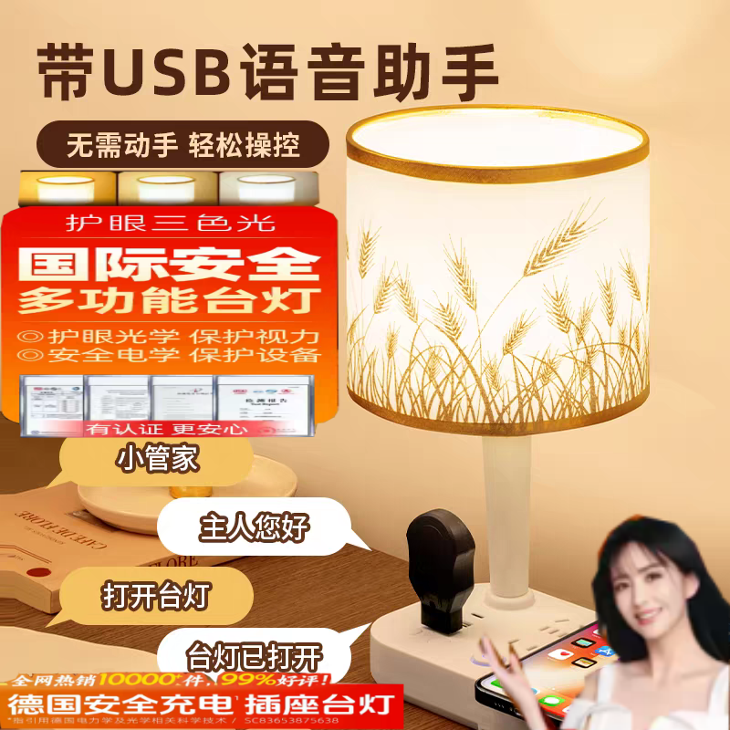 德国智能语音台灯插座一体式卧室床头柜灯遥控小夜灯婴儿喂奶护眼