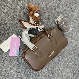 撤柜尾货 真皮小方包 手提保龄球女包美拉德复古单肩斜挎包包时尚