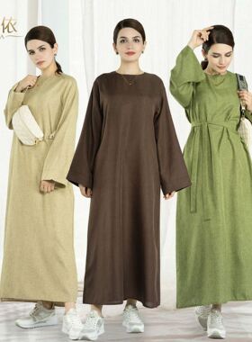 新款速卖通亚马逊大码女装迪拜土耳其休闲纯色连衣裙长袍LR574