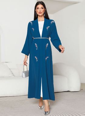 孔雀蓝羽毛手工缝制女士开衫外搭迪拜旅游穿搭MUSILIN长袍DREES