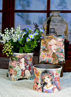 陶瓷花盆 Bowu爱丽猫景德镇精品釉烧可爱动物创意手刻