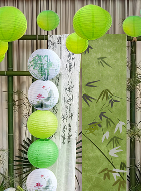 中式绿色布置中国风灯笼丝竹挂布橱窗装饰生日幼儿园环创装饰茶馆