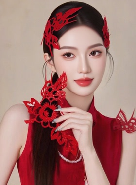 燕子牡丹中式新娘红色喜鹊花朵剪纸窗花发簪国风旗袍婚礼发饰