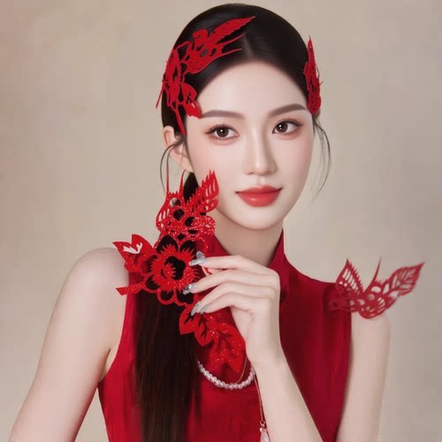剪纸红色国风中式旗袍喜鹊花朵