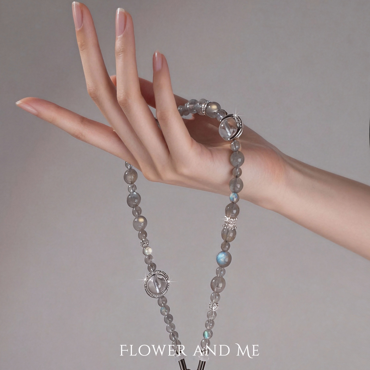 F&M天然月光石白水晶锆石钢绳挂链长短款轻奢挂脖钥匙工牌手机链