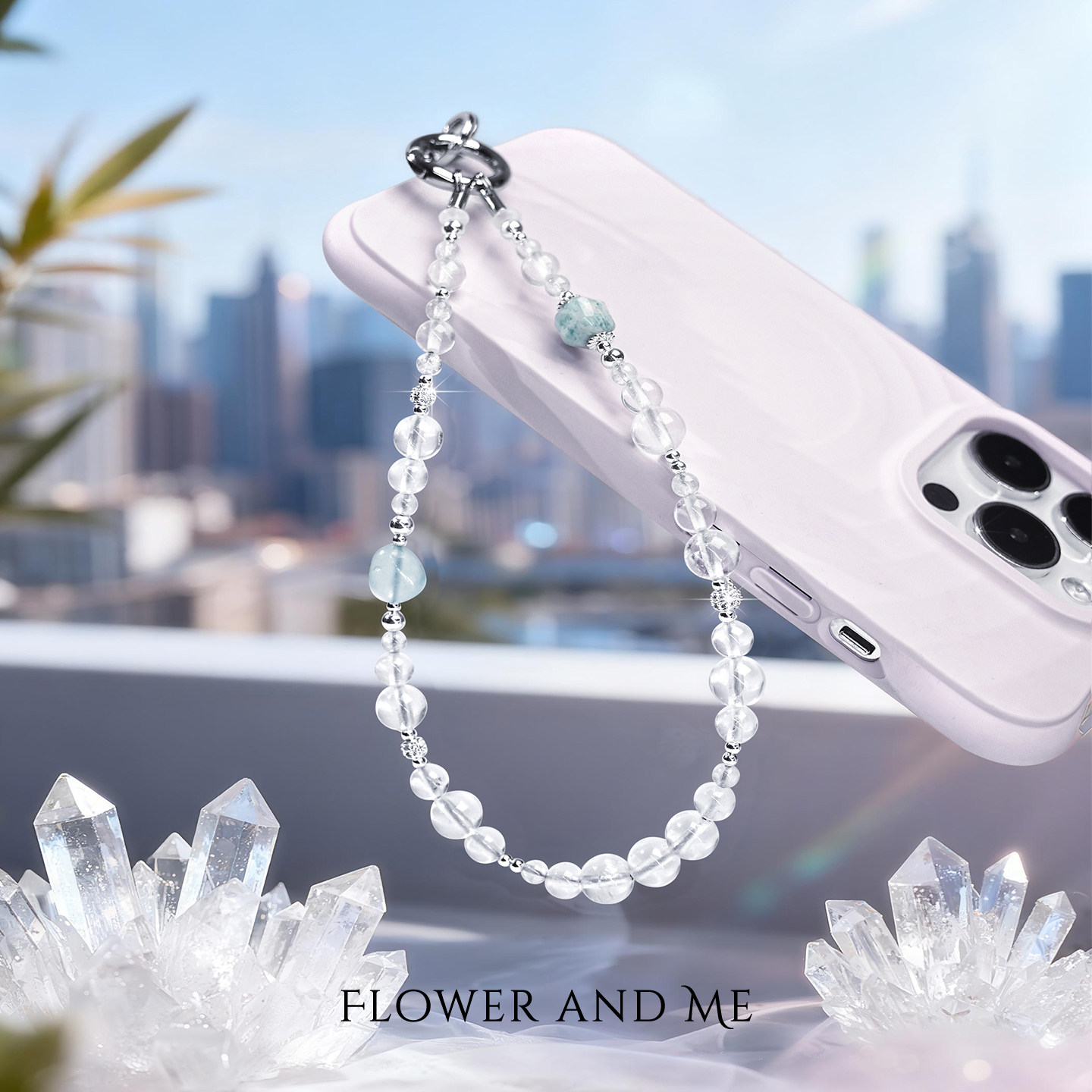 F&M天然白水晶海蓝宝天河石锆石手机挂链杯挂包包车钥匙挂链精品