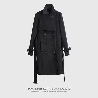 黑色时尚显瘦中长款毛呢外套