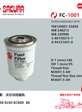 FC1001适用沃尔沃55 60 80洋马油水分离滤芯MB220900 12990155850