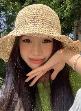 夏日田园小花草编沙滩防晒帽女