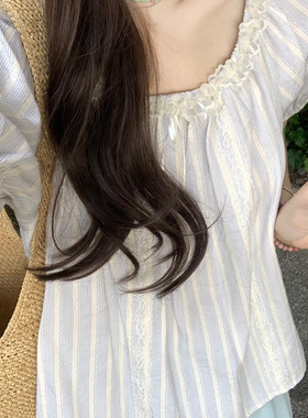 蓝色条纹泡泡袖短款上衣女法式韩版小众娃娃衫短袖卡腰小个子衬衫