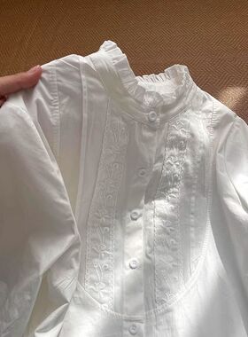 立领白色木耳边长袖内搭衬衫女春秋季新款宽松设计感衬衣打底上衣