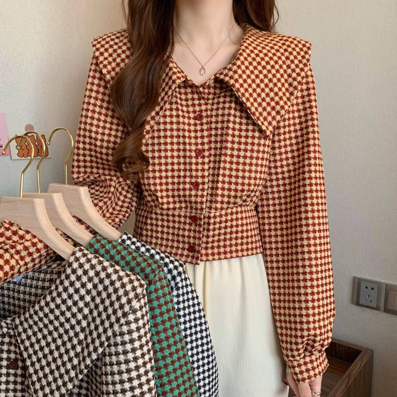 格子娃娃领衬衫女春秋季新款