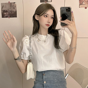 RM21599#法式设计感小众钉珠纯色拼接复古珍珠泡泡袖宽松短袖T恤