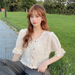 RM21117#法式复古泡泡短袖衬衫女夏季小众刺绣宽松衬衣上衣开衫