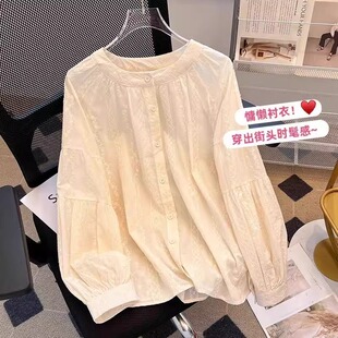 复古肌理感圆领衬衫 长袖 女2025春秋新款 灯笼袖 衬衣 宽松娃娃衫 法式