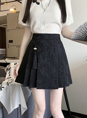 新中式国风改良汉服百褶马面裙春季新款a字半身裙女夏黑色短裙子