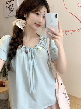 法式小资蓝色百搭短袖衬衫女夏季波西米亚风上衣茶里茶气的娃娃衫