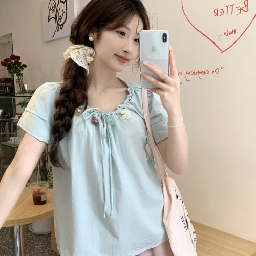 法式小资蓝色百搭短袖衬衫