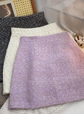 半身裙女秋冬2025新款a字裙小香风法式设计感包臀裙紫色短裙子女