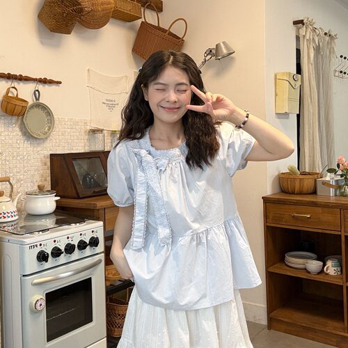 法式甜美蕾丝花边蝴蝶结短袖衬衫