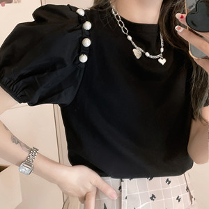 RM21599#法式设计感小众钉珠纯色拼接复古珍珠泡泡袖宽松短袖T恤