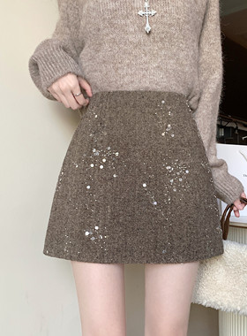 法式高级重工毛呢亮片半身裙女冬节日氛围感闪闪高腰显瘦A字短裙